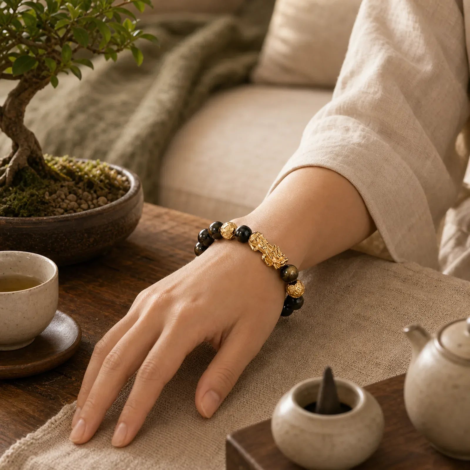 Natural Gold Sheen Obsidian PiXiu Om Mani Padme Hum Wealth Bracelet featuring Gold Sheen Obsidian, Obsidian, Pixiu