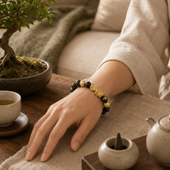Natural Gold Sheen Obsidian PiXiu Om Mani Padme Hum Wealth Bracelet featuring Gold Sheen Obsidian, Obsidian, Pixiu