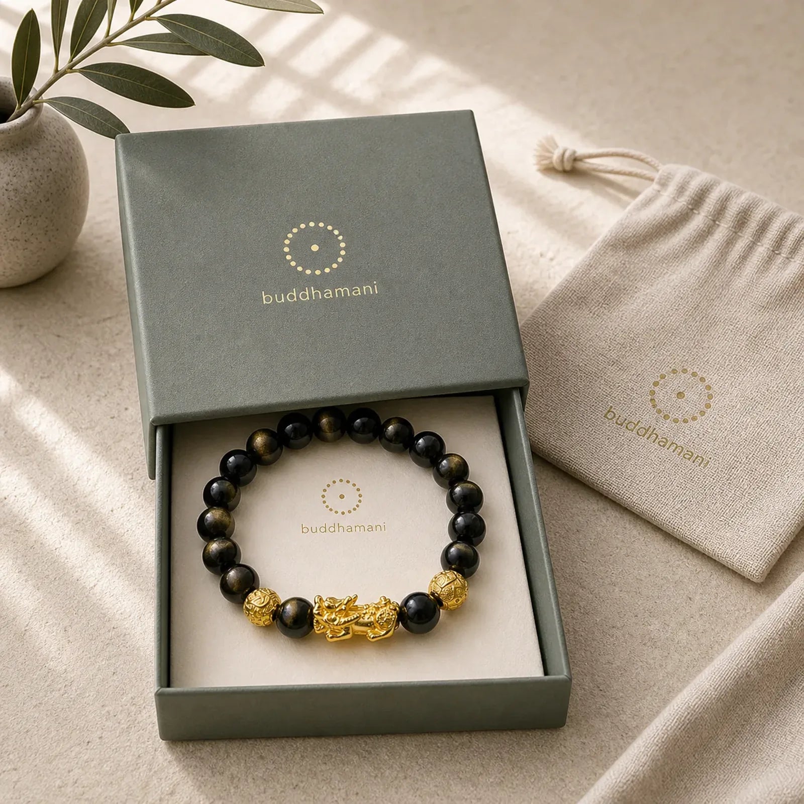 Natural Gold Sheen Obsidian PiXiu Om Mani Padme Hum Wealth Bracelet featuring Gold Sheen Obsidian, Obsidian, Pixiu