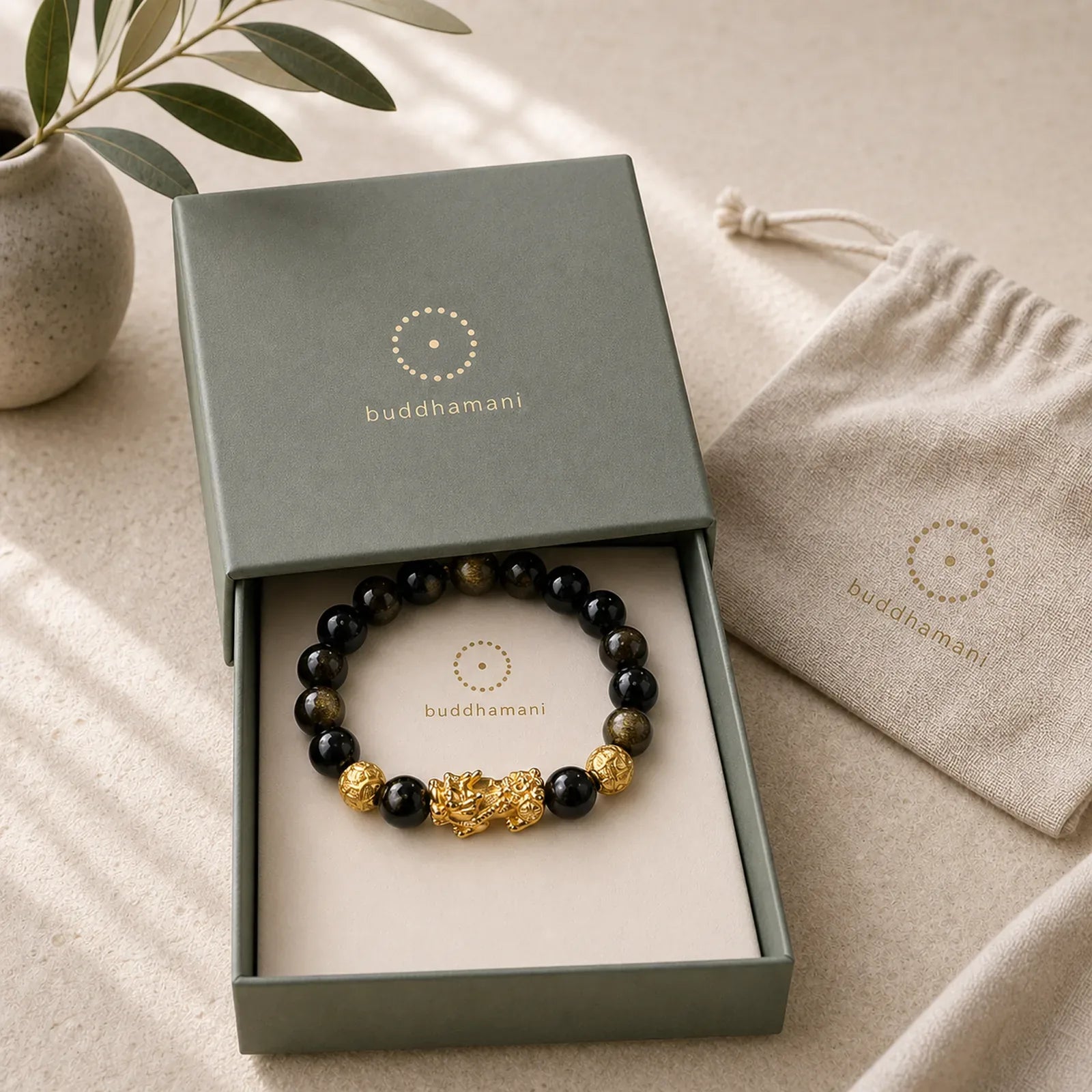 Natural Gold Sheen Obsidian PiXiu Om Mani Padme Hum Wealth Bracelet featuring Gold Sheen Obsidian, Obsidian, Pixiu