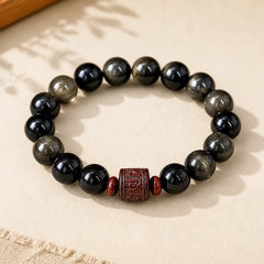 Natural Gold Sheen Obsidian Rainbow Obsidian Om Mani Padme Hum Fu Character Healing Bracelet featuring Gold Sheen Obsidian, Rainbow Obsidian, Om Mani Padme Hum