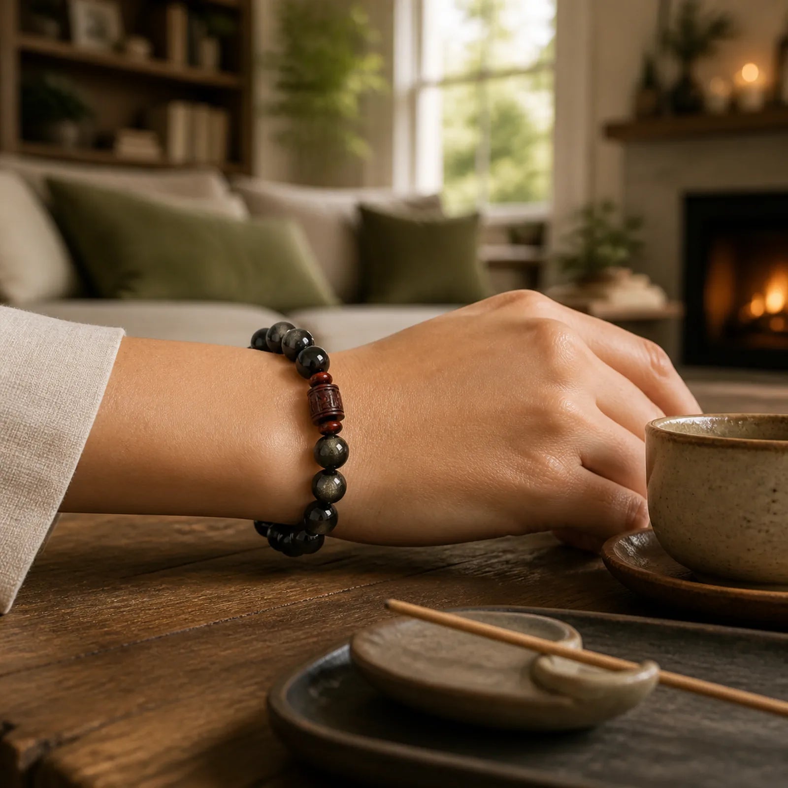 Natural Gold Sheen Obsidian Rainbow Obsidian Om Mani Padme Hum Fu Character Healing Bracelet featuring Gold Sheen Obsidian, Rainbow Obsidian, Om Mani Padme Hum