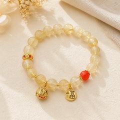 Natural Golden Rutilated Quartz Fu Character Charm Bell Wealth Bracelet featuring Rutilated Quartz, Fu Character