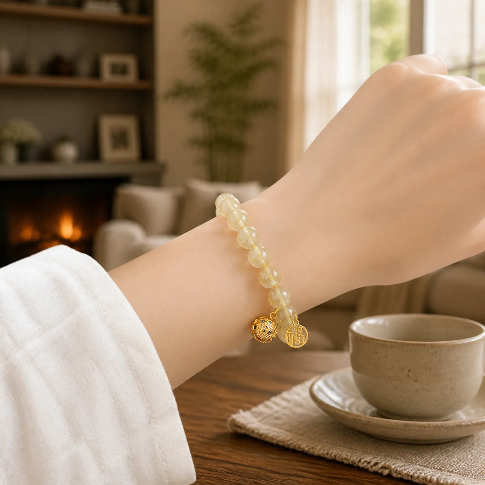 Natural Golden Rutilated Quartz Fu Character Charm Bell Wealth Bracelet featuring Rutilated Quartz, Fu Character