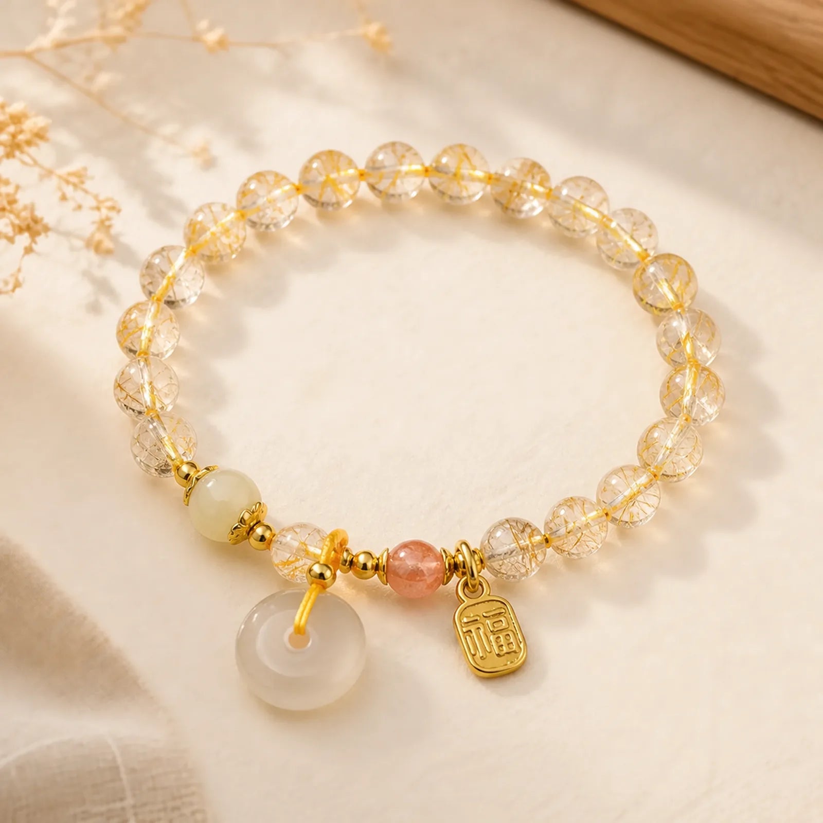 Natural Golden Rutilated Quartz Fu Character Peace Buckle Charm Wealth Bracelet featuring Rutilated Quartz, Fu Character, Peace Buckle