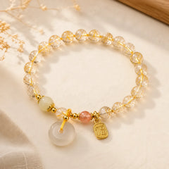 Natural Golden Rutilated Quartz Fu Character Peace Buckle Charm Wealth Bracelet featuring Rutilated Quartz, Fu Character, Peace Buckle