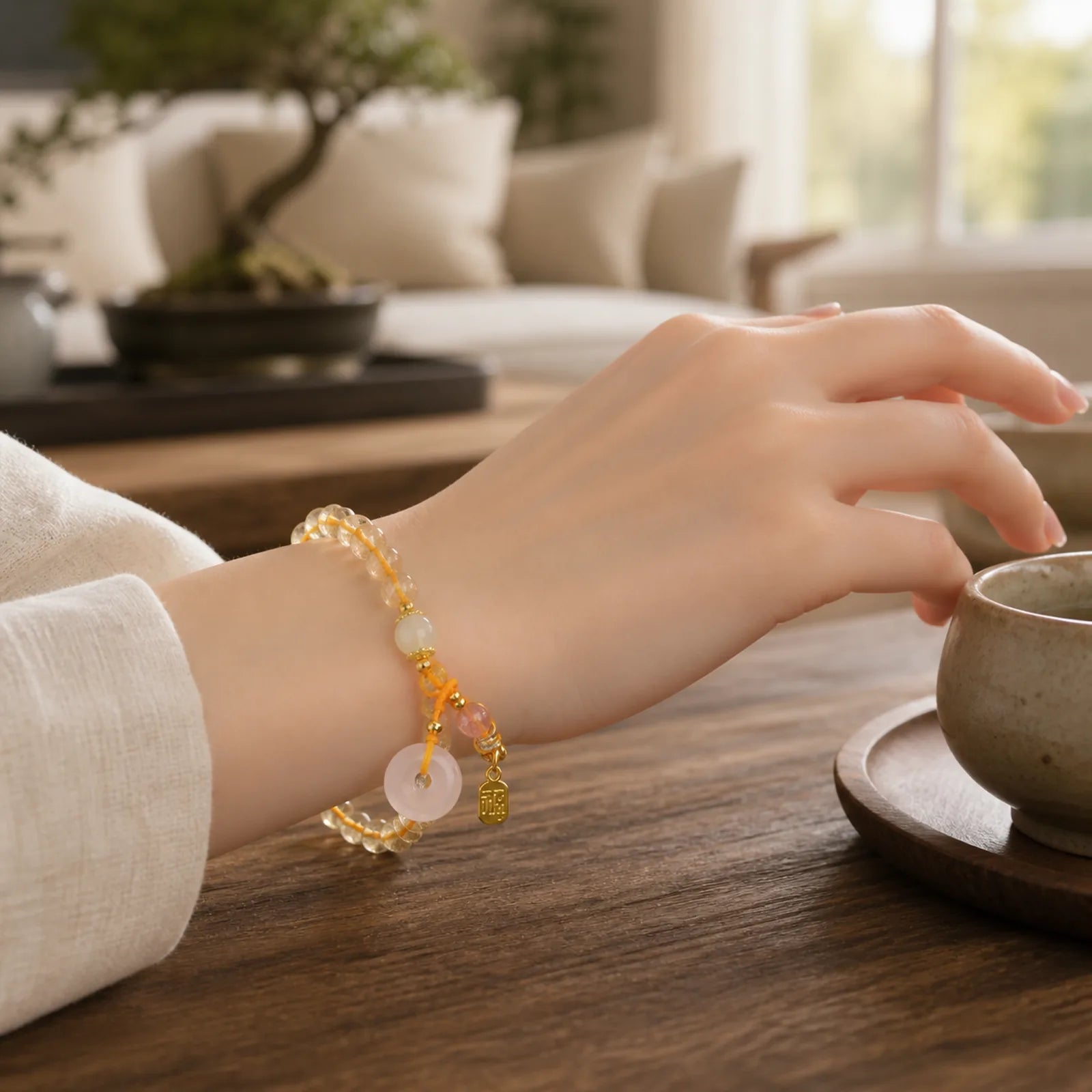 Natural Golden Rutilated Quartz Fu Character Peace Buckle Charm Wealth Bracelet featuring Rutilated Quartz, Fu Character, Peace Buckle