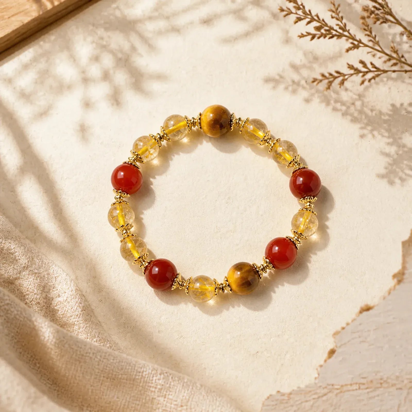 Natural Golden Rutilated Quartz Tiger Eye Beads Wealth Bracelet featuring Rutilated Quartz, Tiger Eye, Red Agate