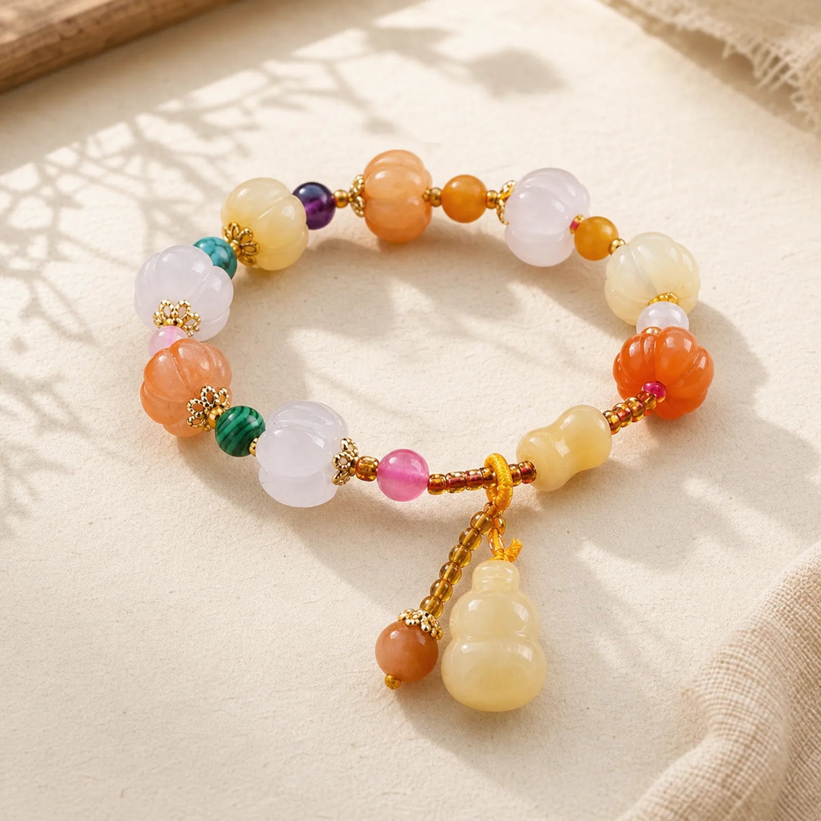 Natural Golden Silk Jade Crystals Gourd Pixiu Pumpkin Beads Wealth Charm Bracelet featuring Golden Silk Jade, Pixiu, Amethyst