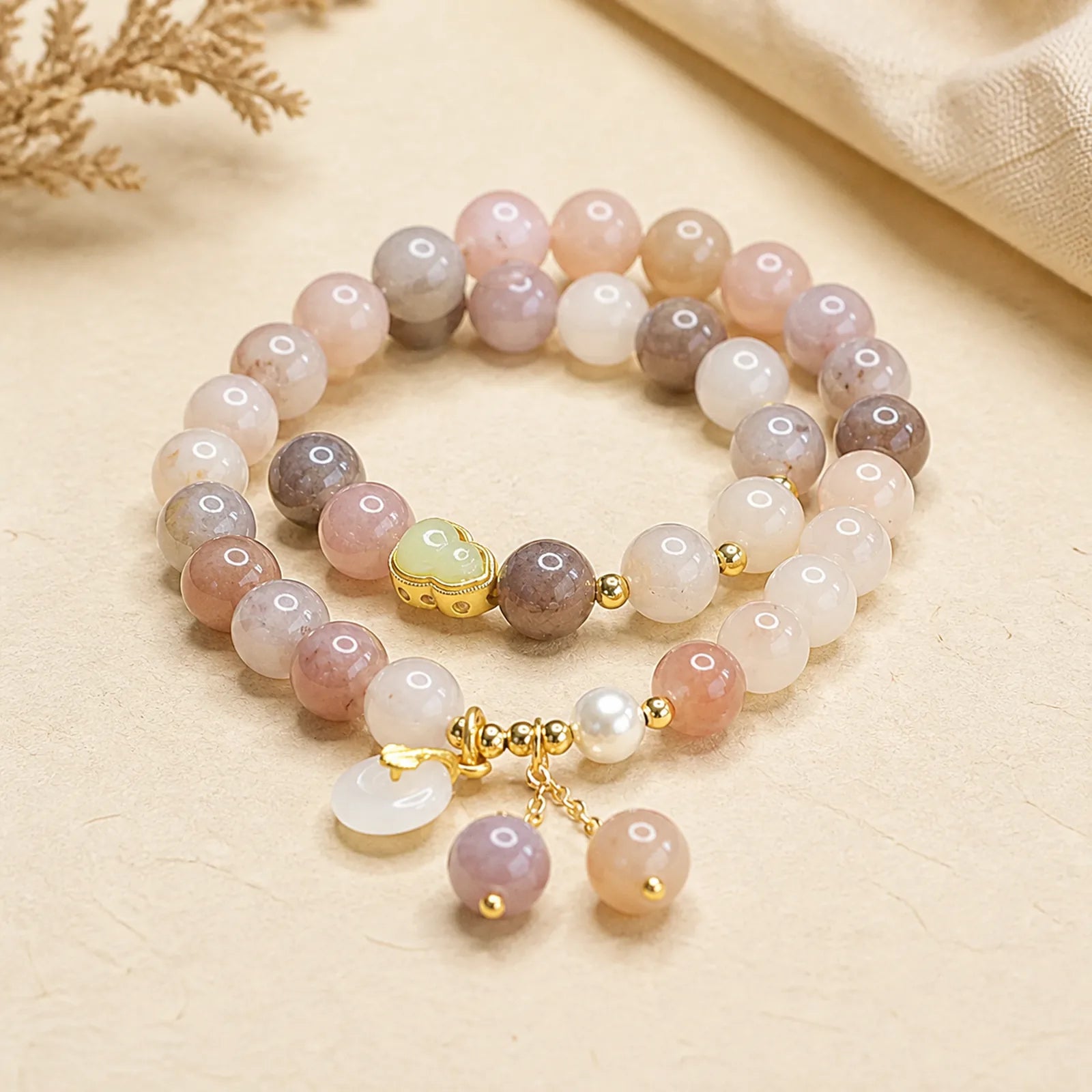 Natural Golden Silk Jade Double Layer Gourd Peace Buckle Luck Bracelet featuring Golden Silk Jade, Peace Buckle, Copper
