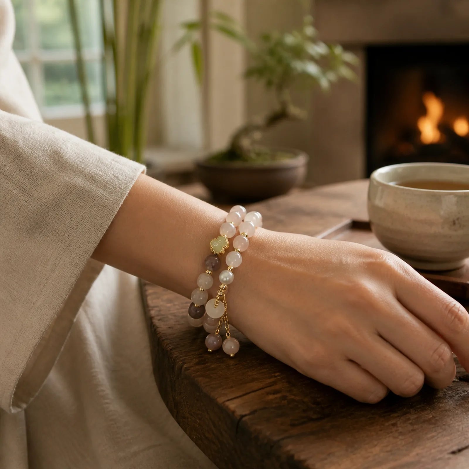 Natural Golden Silk Jade Double Layer Gourd Peace Buckle Luck Bracelet featuring Golden Silk Jade, Peace Buckle, Copper