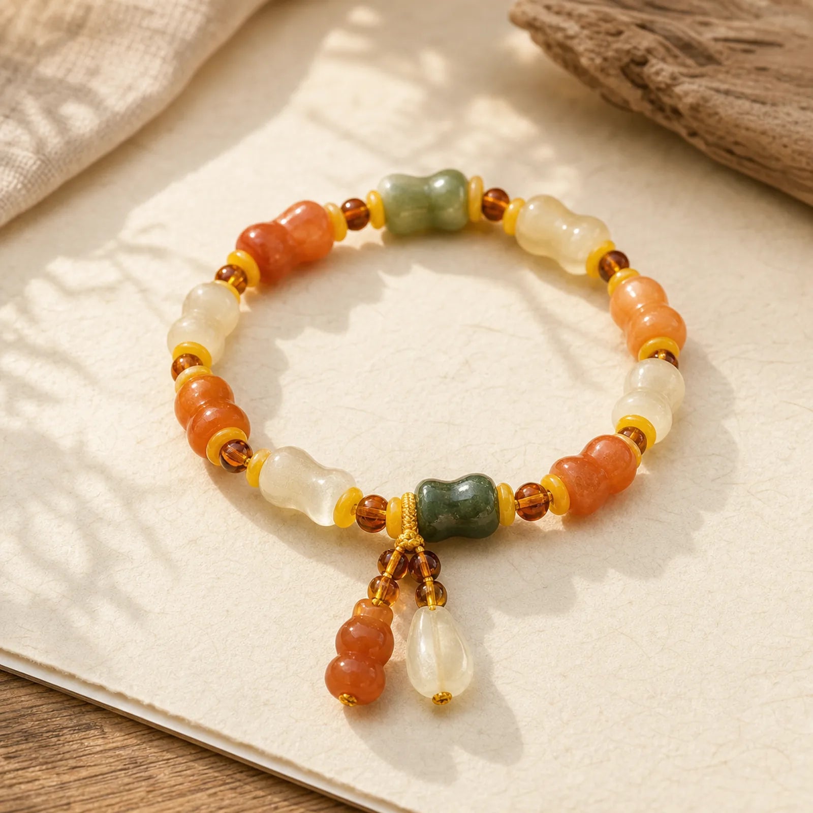 Natural Golden Silk Jade Gourd Wealth Charm Bracelet featuring Golden Silk Jade