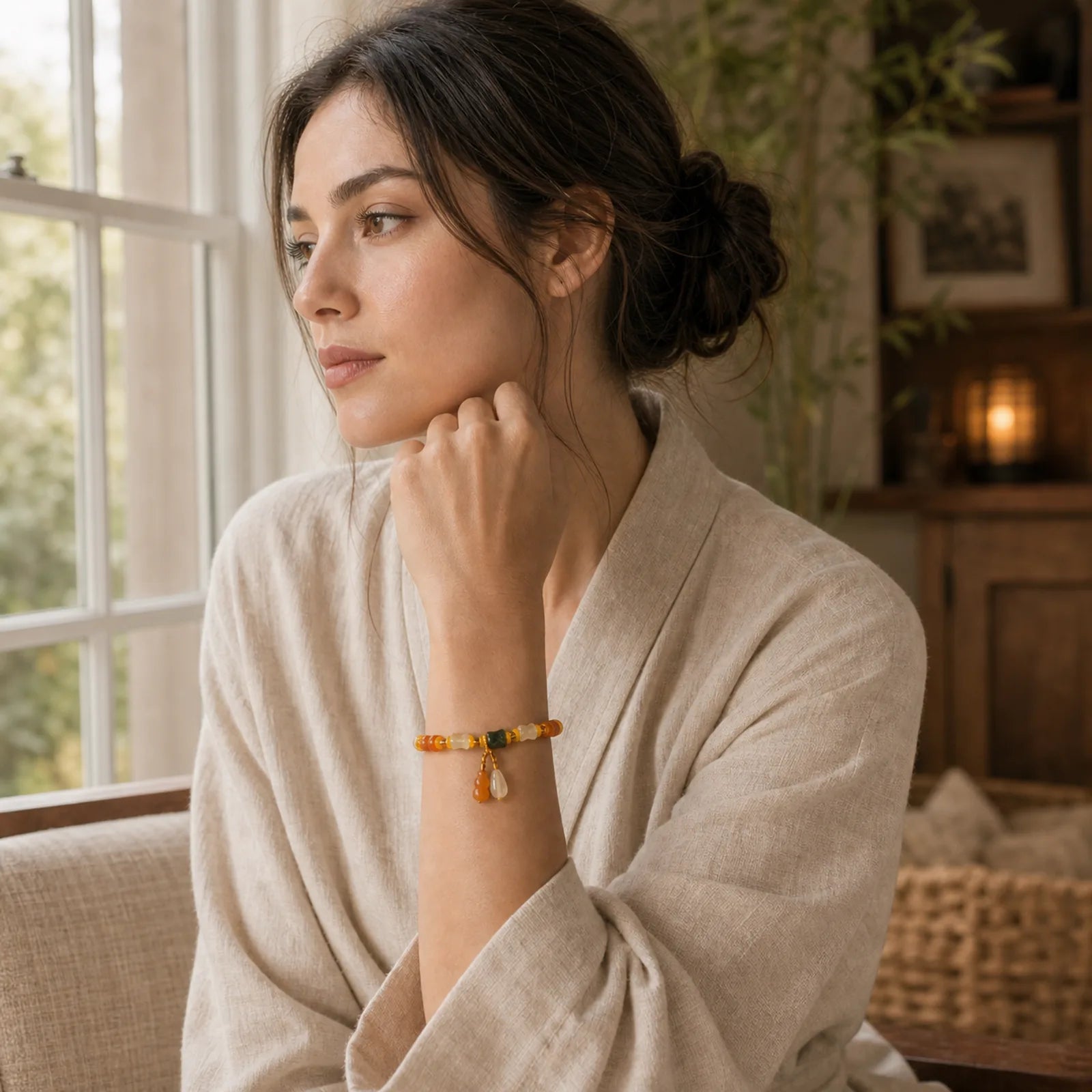 Natural Golden Silk Jade Gourd Wealth Charm Bracelet featuring Golden Silk Jade