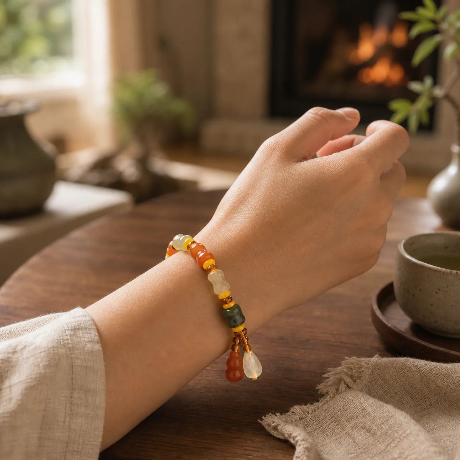 Natural Golden Silk Jade Gourd Wealth Charm Bracelet featuring Golden Silk Jade