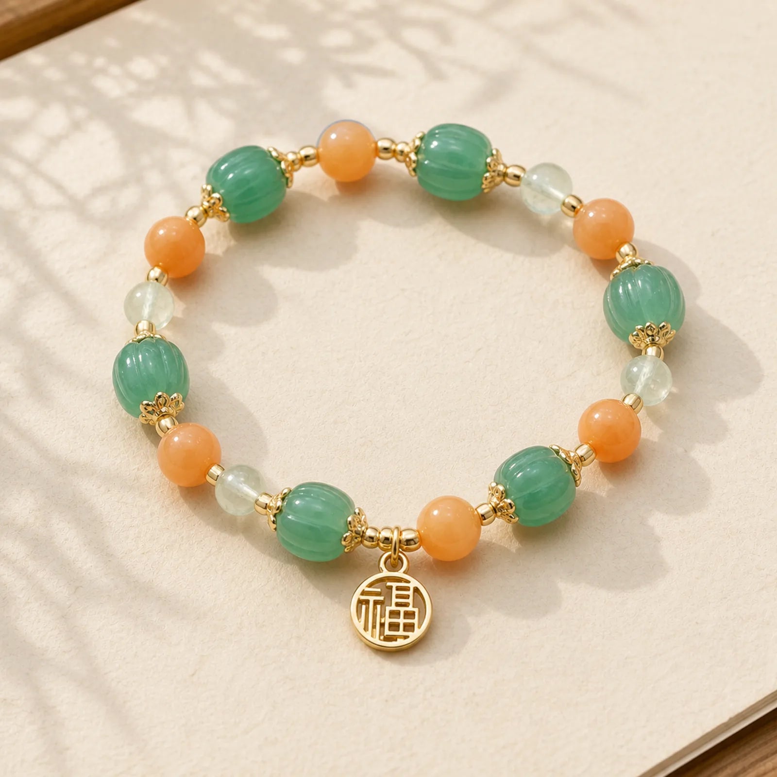 Natural Golden Silk Jade Pumpkin Bead Fu Character Charm Wealth Bracelet featuring Golden Silk Jade, Fu Character