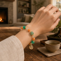 Natural Golden Silk Jade Pumpkin Bead Fu Character Charm Wealth Bracelet featuring Golden Silk Jade, Fu Character