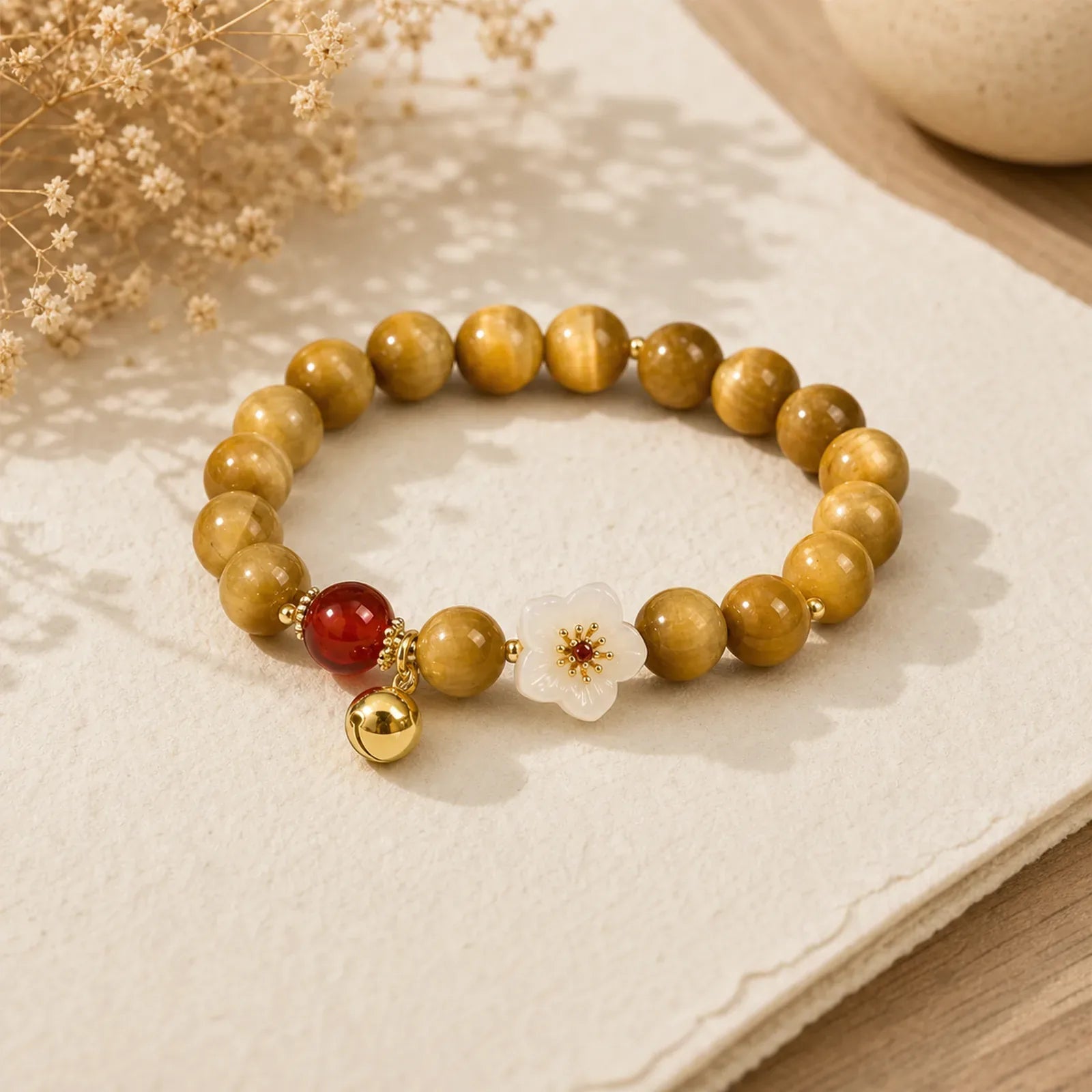 Natural Golden Tiger Eye Bell Flower Courage Bracelet featuring Tiger Eye