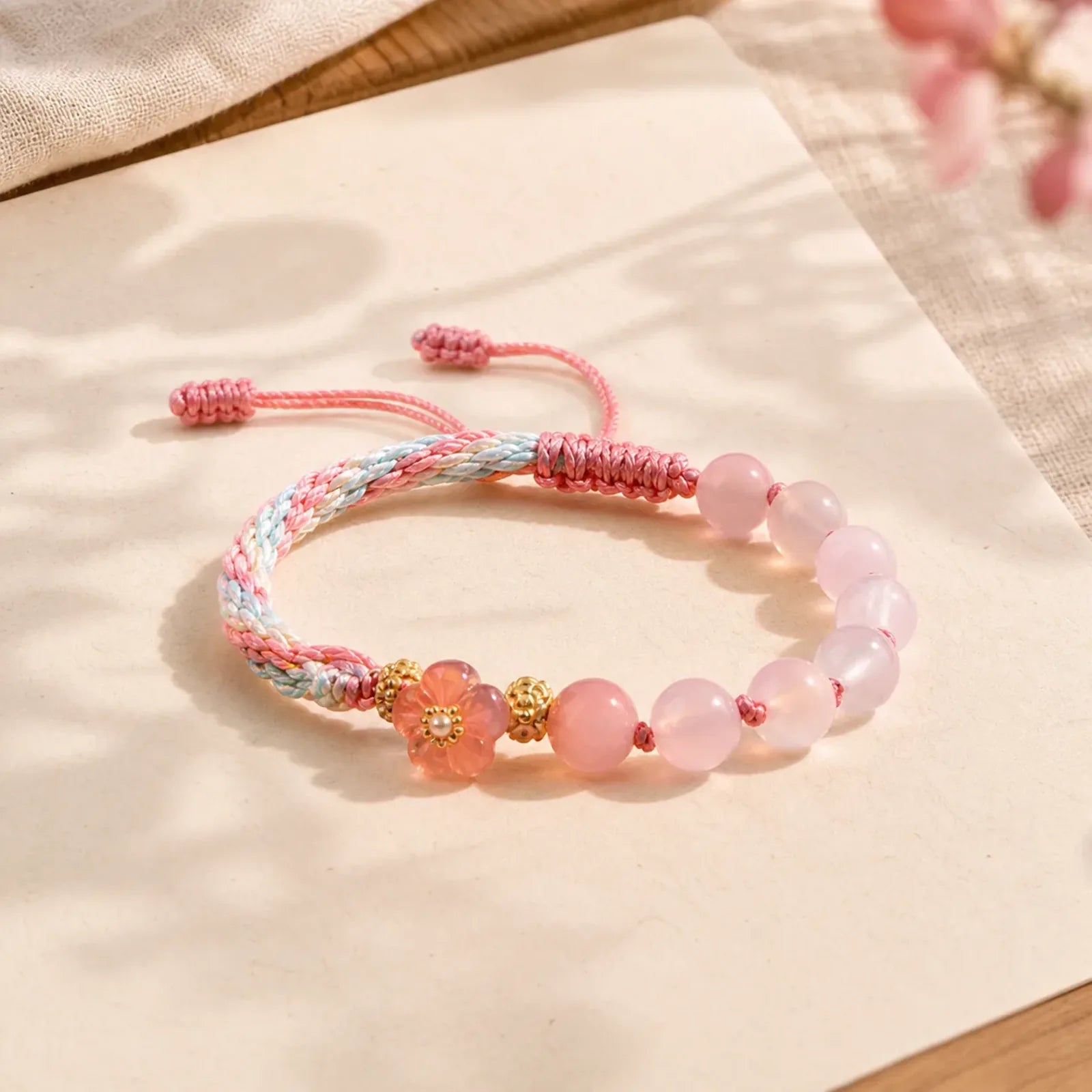 Natural Gradient Agate Reincarnation Knot Peach Blossom Wealth Luck Handmade String Bracelet featuring Red Agate