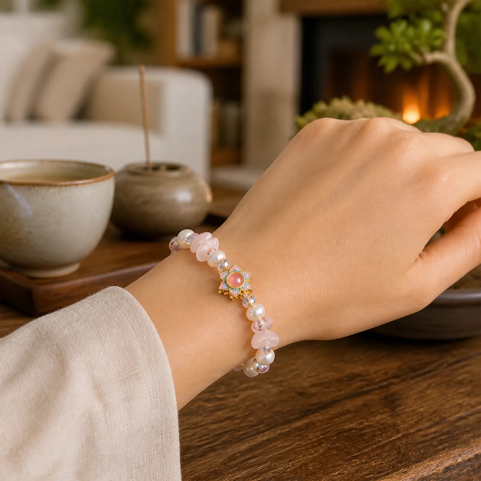 Natural Gravel Rose Quartz Flower Pearl Healing Bracelet featuring Rose Quartz, Pearl, Copper