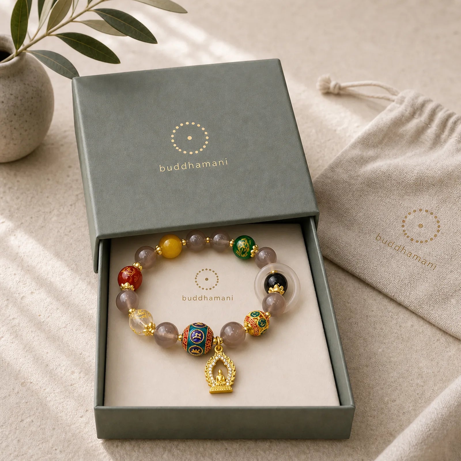 Natural Gray Agate Five Directions Gods of Wealth Om Mani Padme Hum Buddha Charm Bracelet featuring Gray Agate, Om Mani Padme Hum, Om
