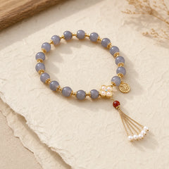 Natural Gray Agate Fu Character Pearl Tassel Balance Bracelet featuring Gray Agate, Fu Character, Pearl
