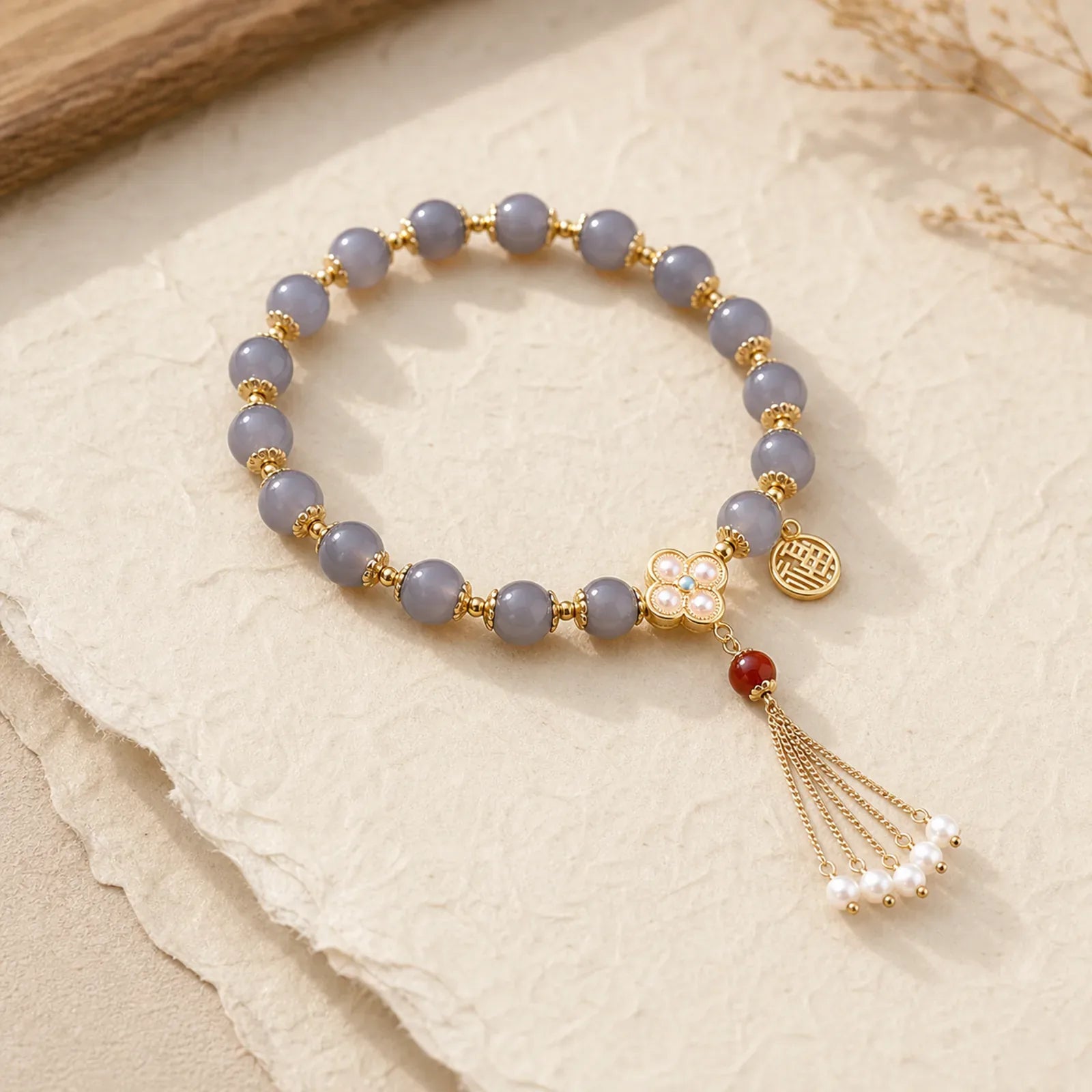 Natural Gray Agate Fu Character Pearl Tassel Balance Bracelet featuring Gray Agate, Fu Character, Pearl