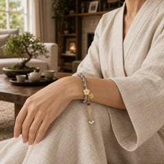 Natural Gray Agate Fu Character Pearl Tassel Balance Bracelet featuring Gray Agate, Fu Character, Pearl