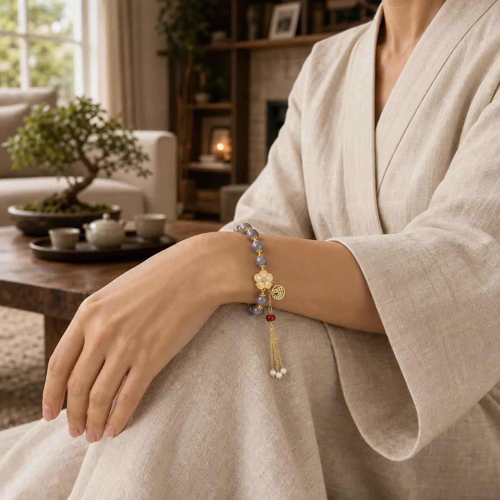 Natural Gray Agate Fu Character Pearl Tassel Balance Bracelet featuring Gray Agate, Fu Character, Pearl