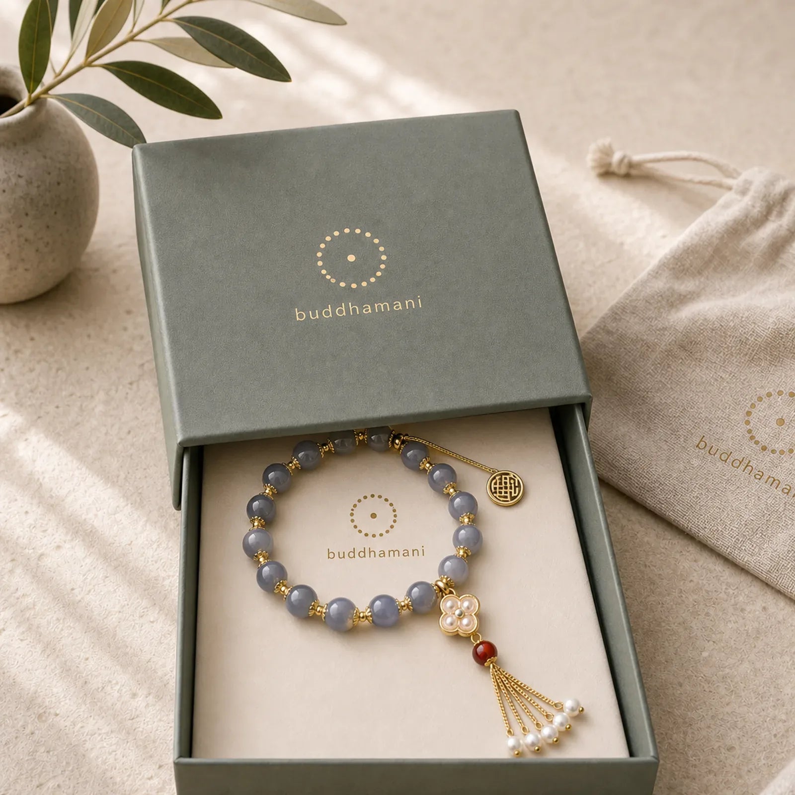 Natural Gray Agate Fu Character Pearl Tassel Balance Bracelet featuring Gray Agate, Fu Character, Pearl