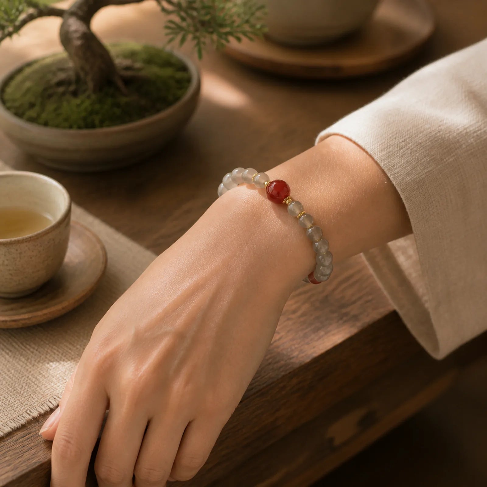Natural Gray Chalcedony Red Agate Harmony Bracelet featuring Chalcedony, Red Agate, Jade