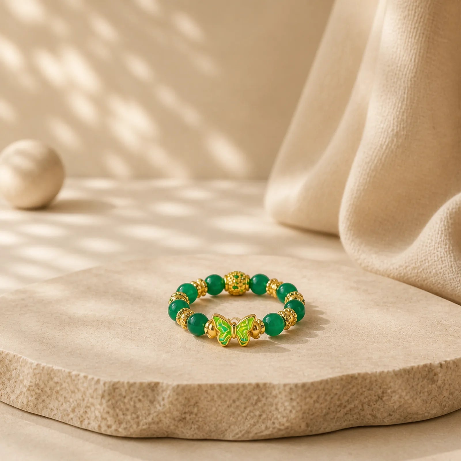 Natural Green Agate Bead Copper Butterfly Renewal Ring featuring Green Agate, Copper, Butterfly