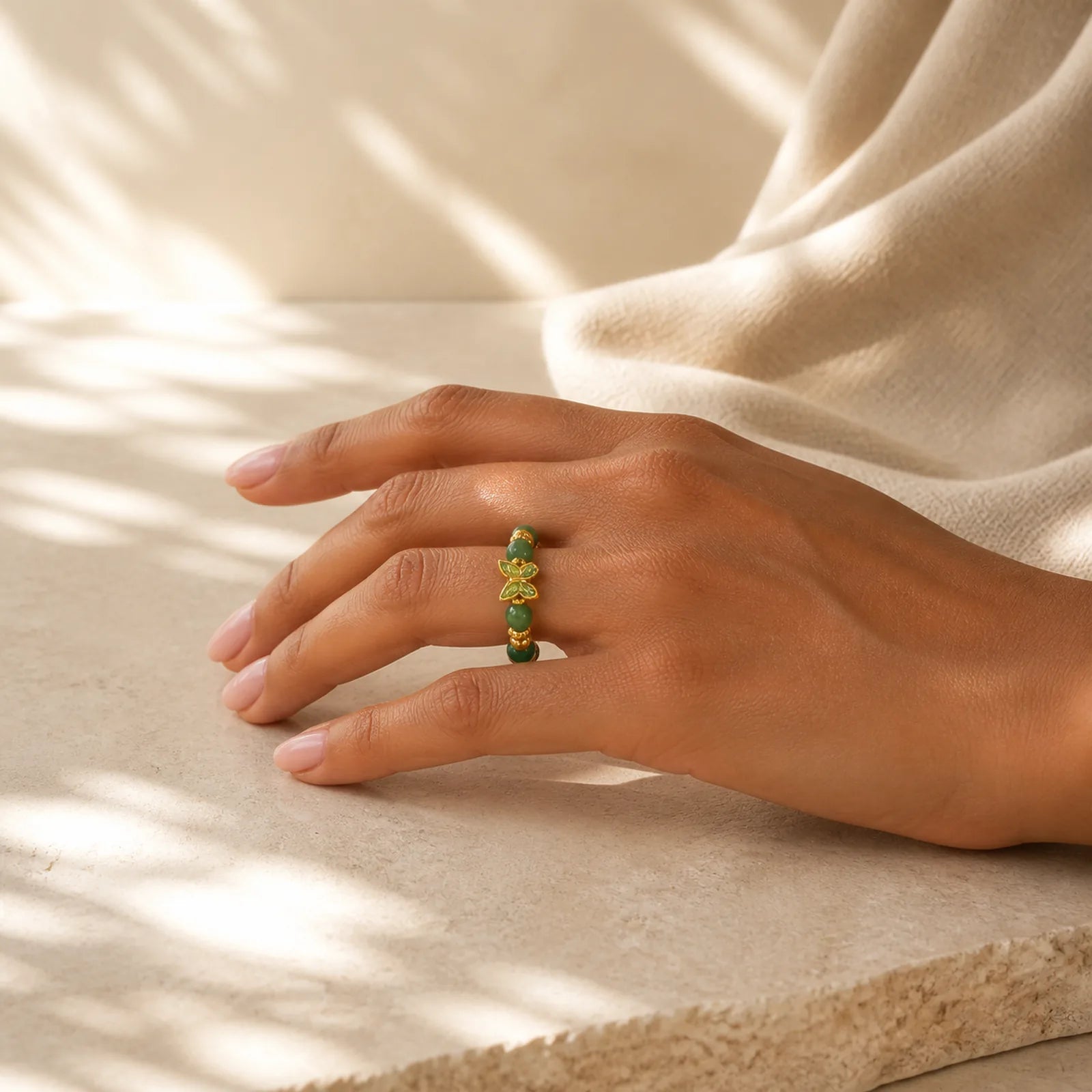 Natural Green Agate Bead Copper Butterfly Renewal Ring featuring Green Agate, Copper, Butterfly