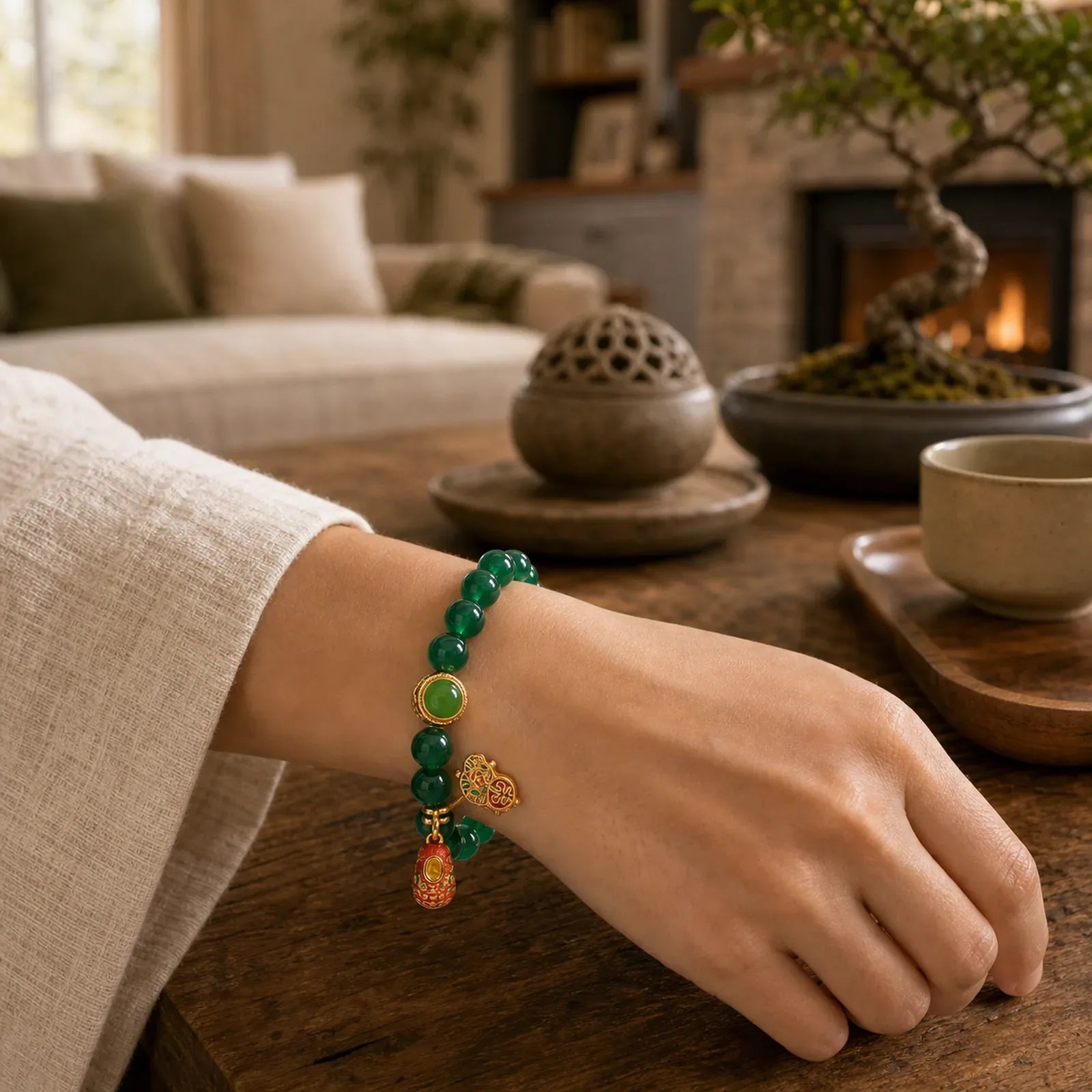 Natural Green Agate Gourd Tiger Shoes Pattern Hope Bracelet featuring Green Agate