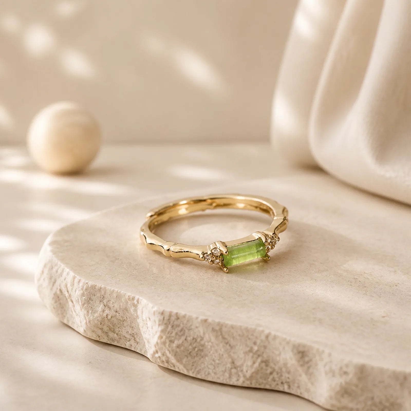 Natural Green Agate Square Bamboo Copper Adjustable Ring featuring Green Agate, Bamboo, Copper