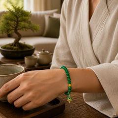 Natural Green Agate Yellow Agate Lotus Charm Success Beaded Bracelet featuring Green Agate, Yellow Agate, Lotus