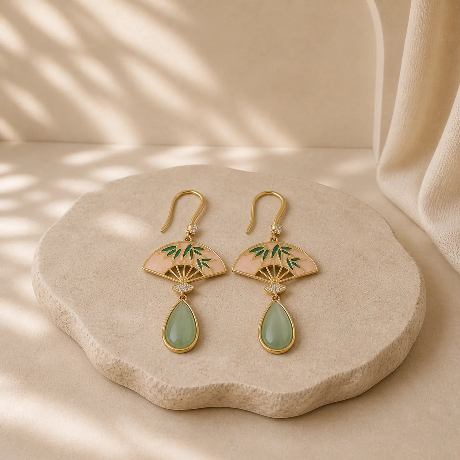 Natural Green Aventurine Fan Pattern Luck Drop Earrings featuring Green Aventurine, Copper