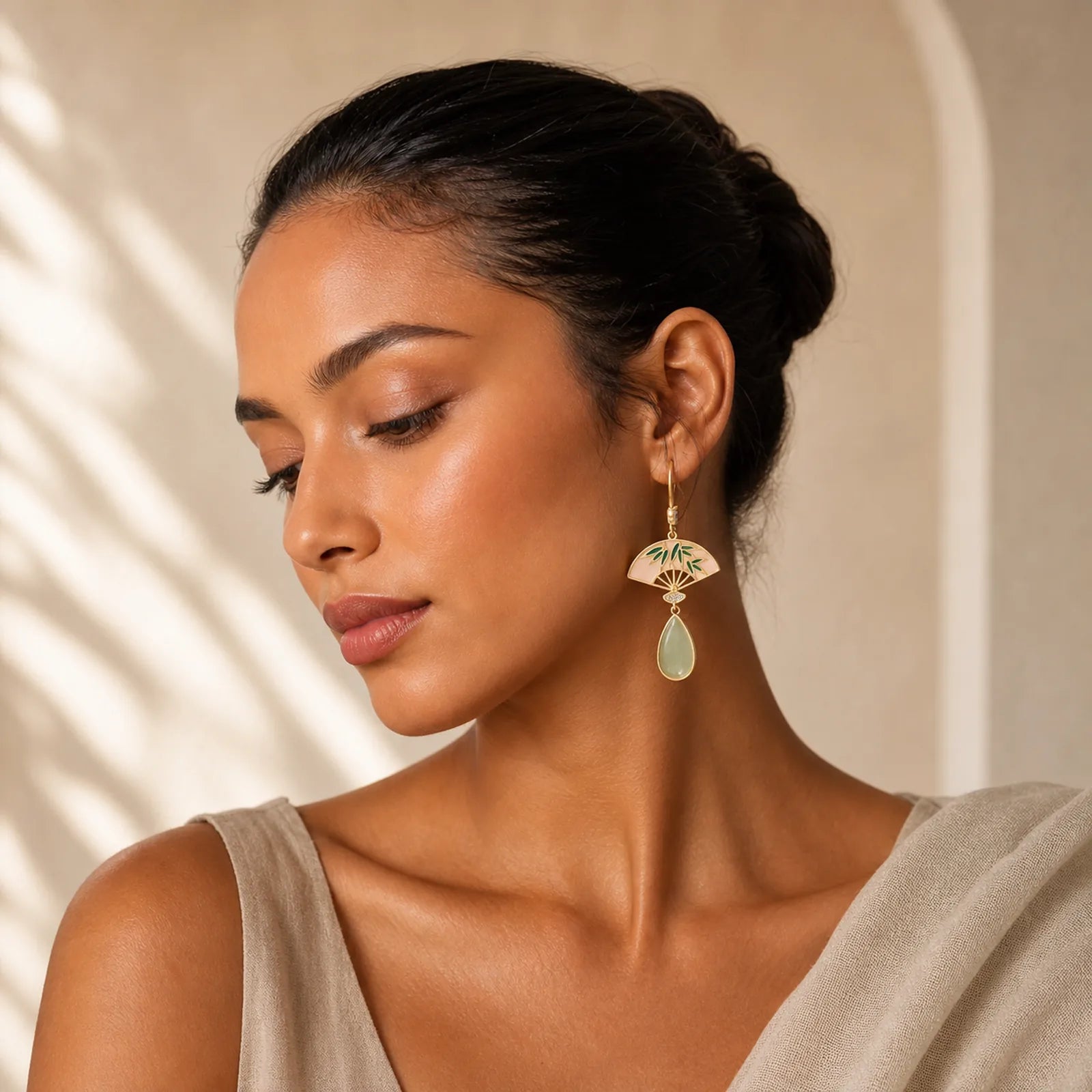 Natural Green Aventurine Fan Pattern Luck Drop Earrings featuring Green Aventurine, Copper