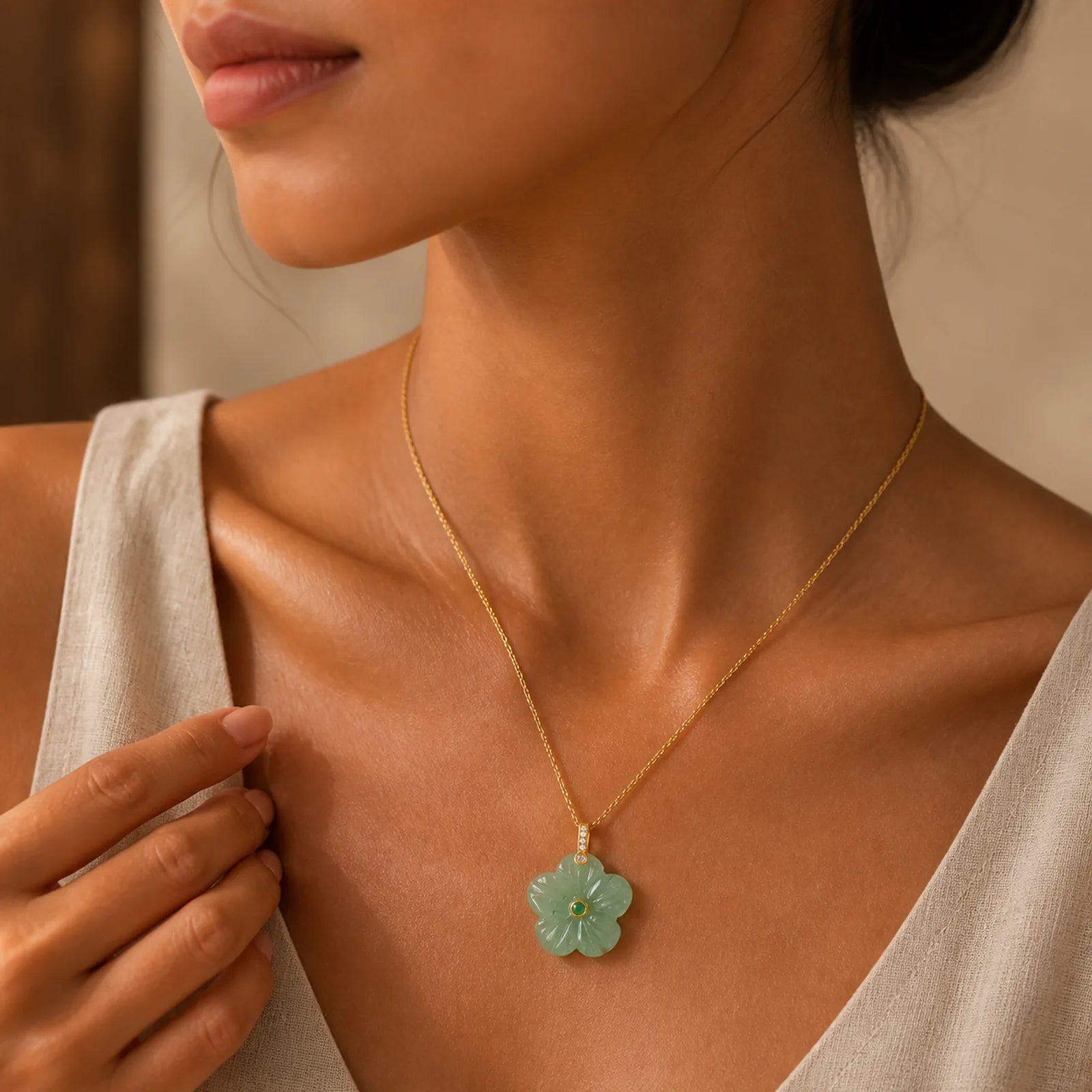 Natural Green Aventurine Five Petal Flower Positivity Necklace featuring Green Aventurine, Copper, Jade
