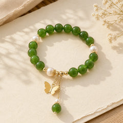 Natural Green Chalcedony Pearl Butterfly Courage Strength Bracelet featuring Green Chalcedony, Chalcedony, Pearl
