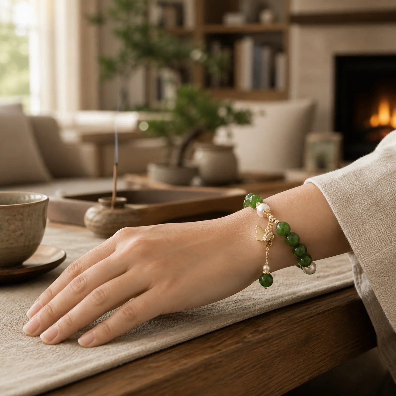 Natural Green Chalcedony Pearl Butterfly Courage Strength Bracelet featuring Green Chalcedony, Chalcedony, Pearl