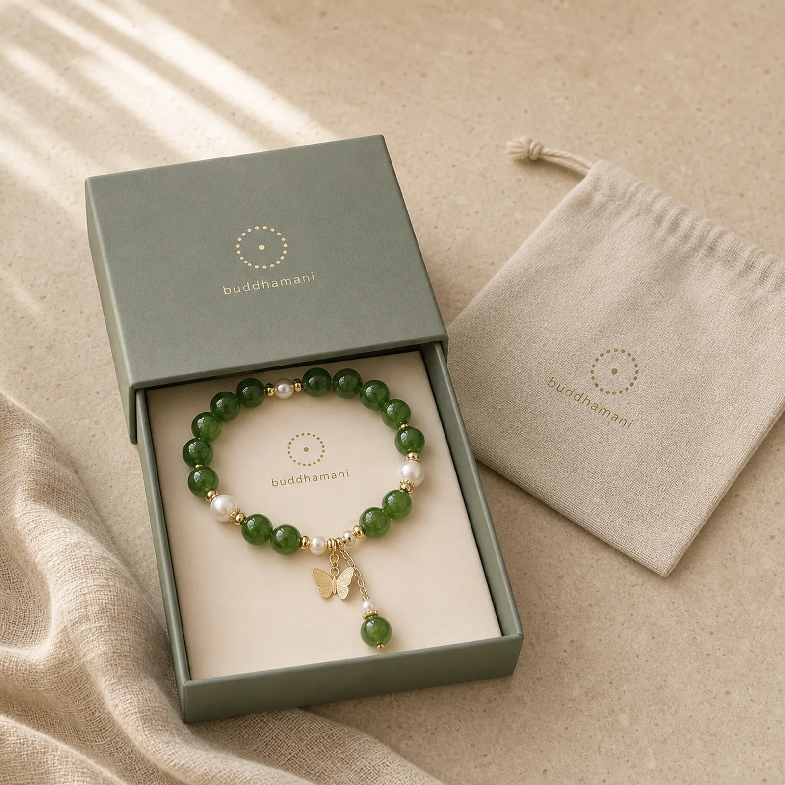Natural Green Chalcedony Pearl Butterfly Courage Strength Bracelet featuring Green Chalcedony, Chalcedony, Pearl