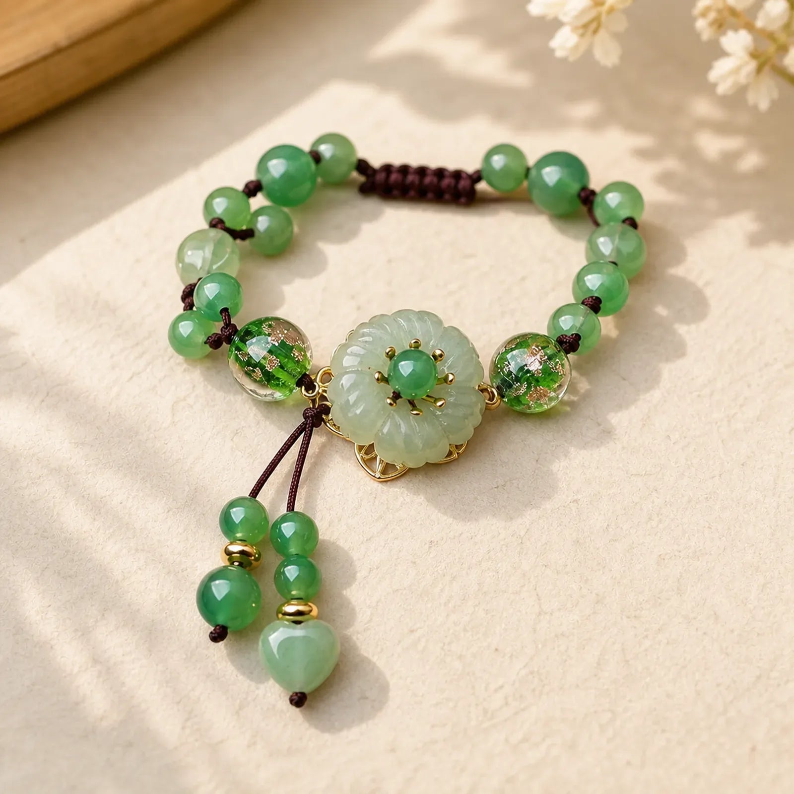 Natural Green Jade Luck Dangling Flower Bracelet featuring Green Jade, Jade, Cyan Jade