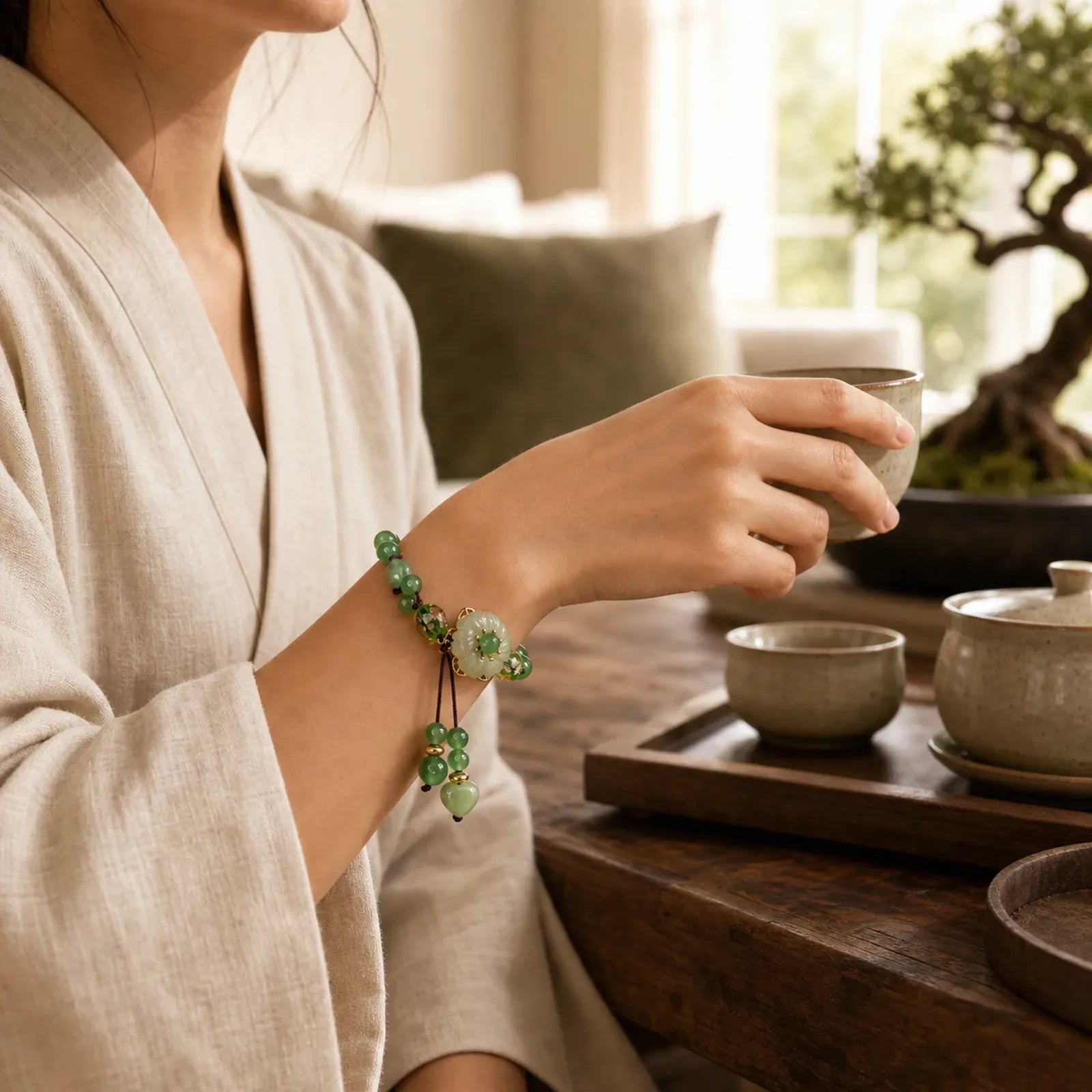 Natural Green Jade Luck Dangling Flower Bracelet featuring Green Jade, Jade, Cyan Jade