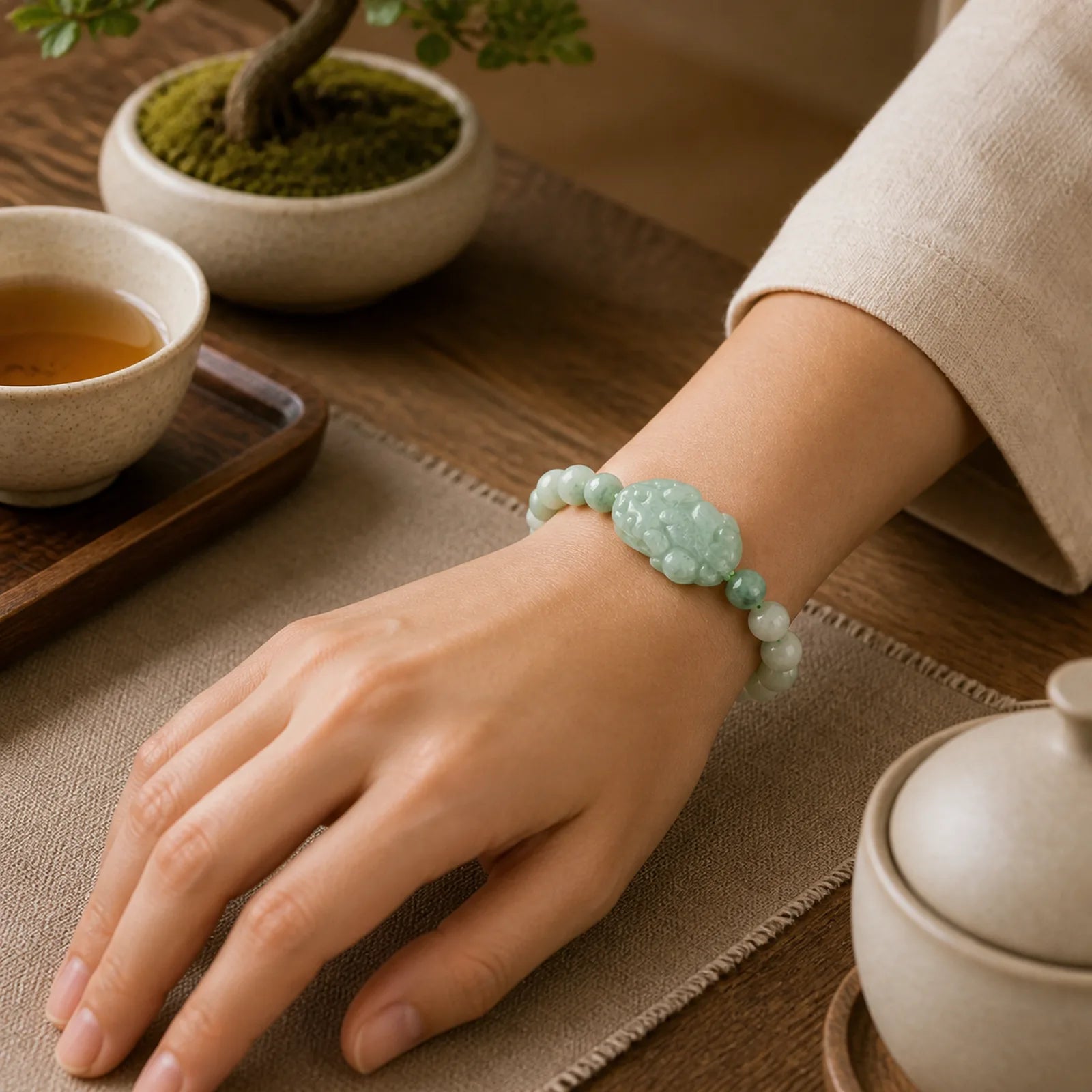 Natural Green Jade PiXiu Carved Luck Bracelet featuring Green Jade, Jade, Pixiu