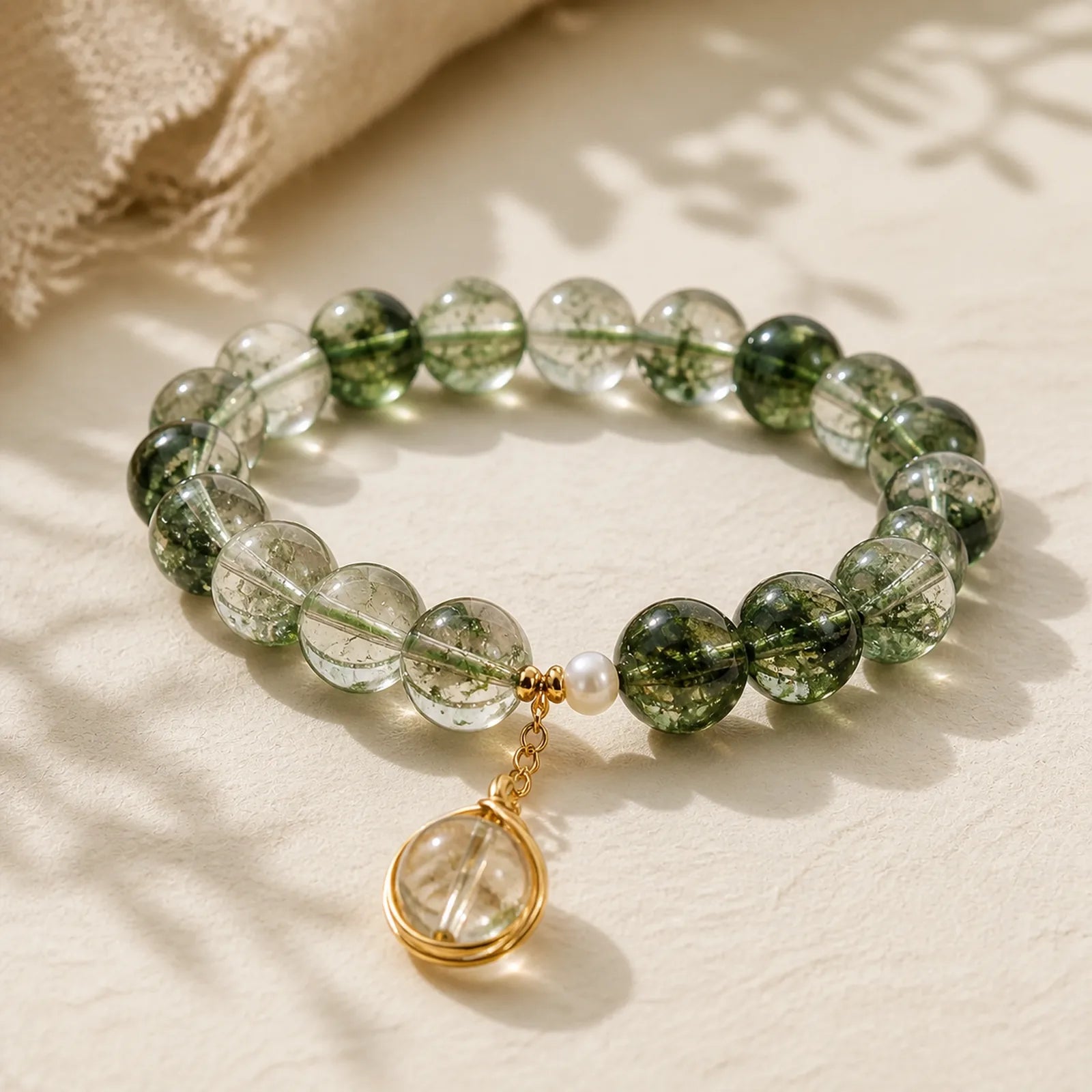 Natural Green Phantom Crystal Lucky Bracelet featuring Green Phantom, Clear Quartz / White Crystal, Red Phantom