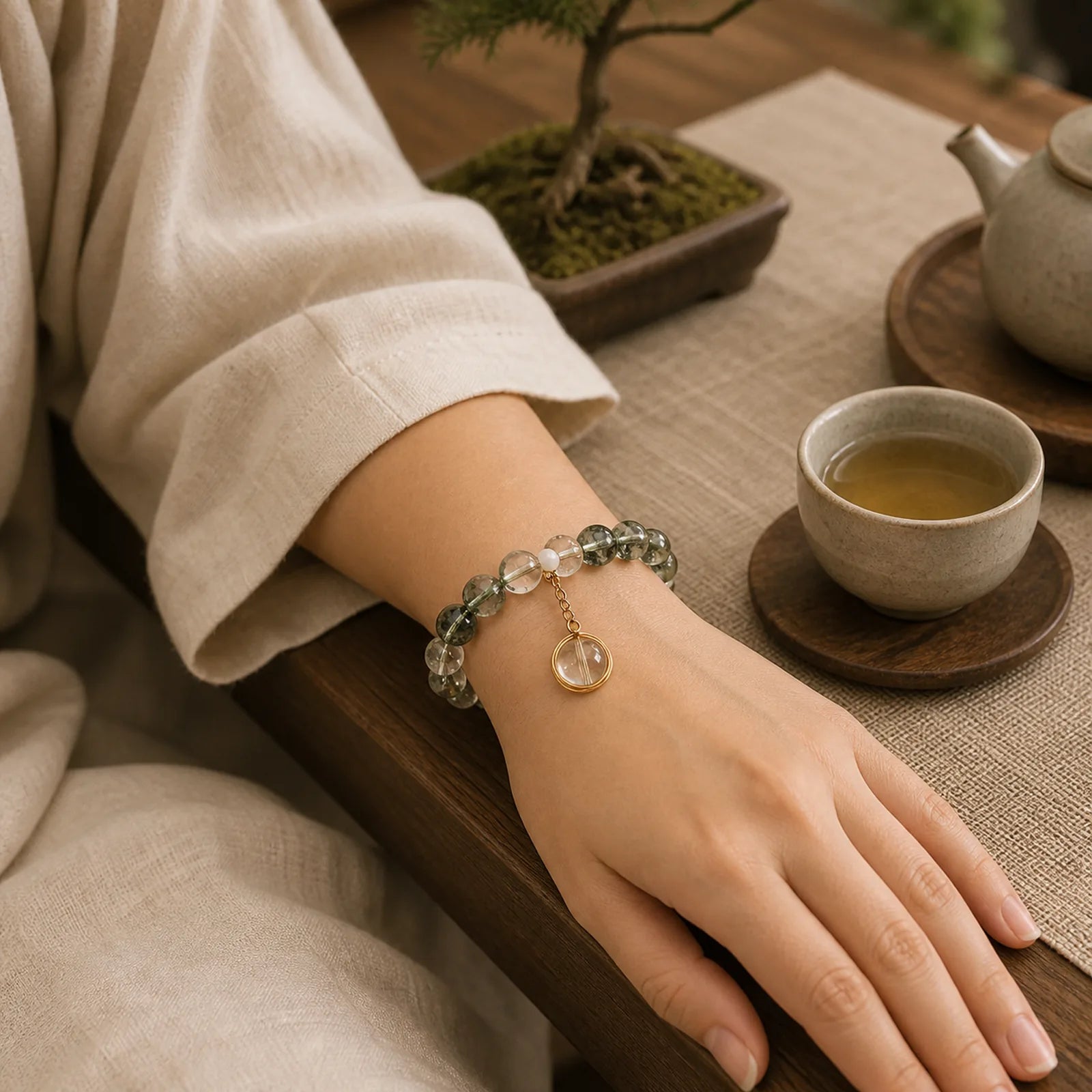 Natural Green Phantom Crystal Lucky Bracelet featuring Green Phantom, Clear Quartz / White Crystal, Red Phantom