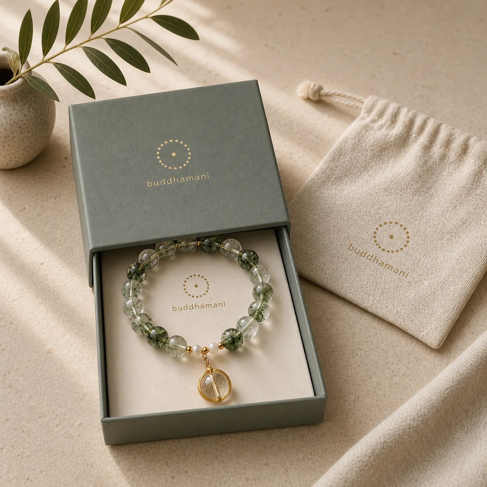 Natural Green Phantom Crystal Lucky Bracelet featuring Green Phantom, Clear Quartz / White Crystal, Red Phantom