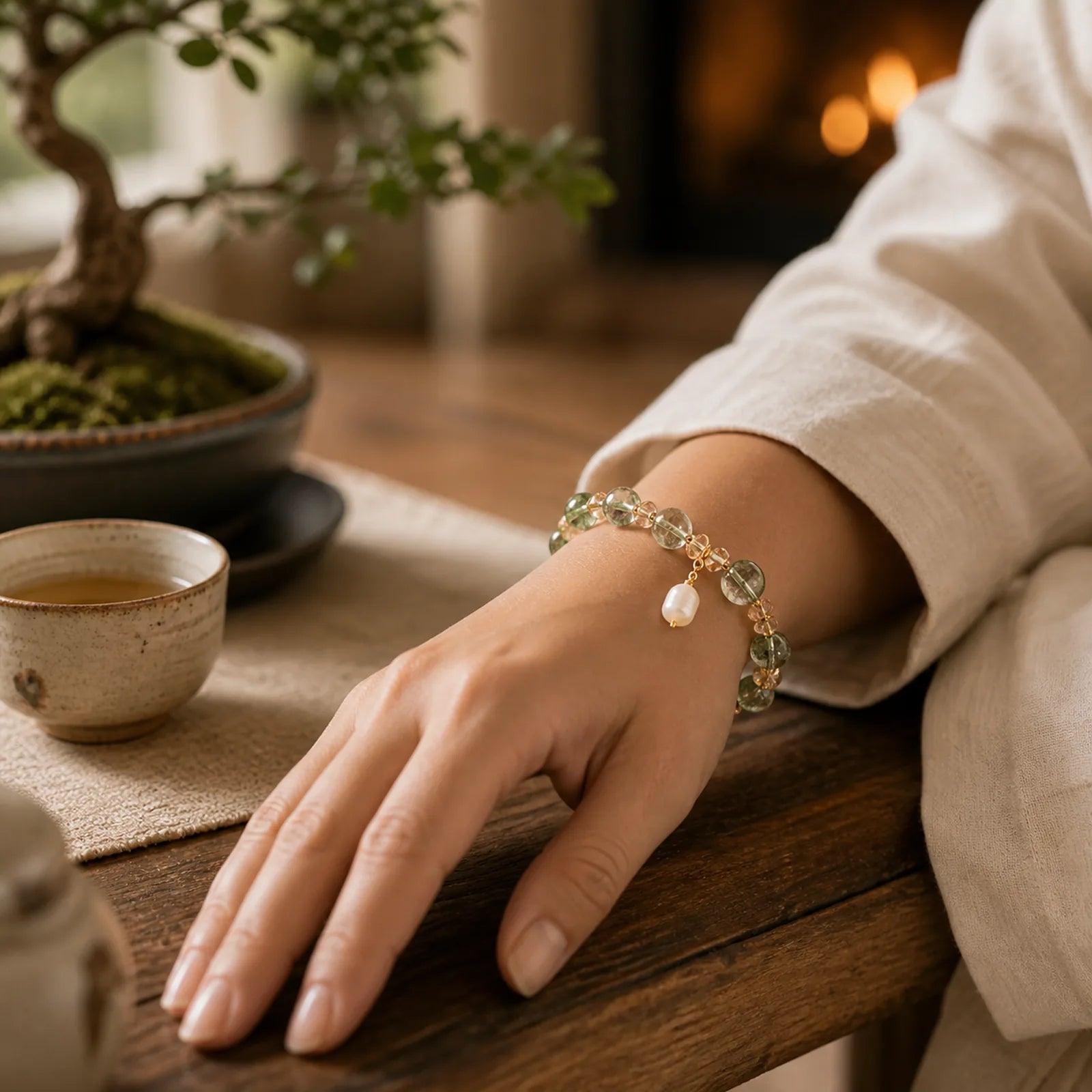 Natural Green Phantom Pearl Gravel Crystal Stone Confidence Bracelet featuring Green Phantom, Pearl, Clear Quartz / White Crystal