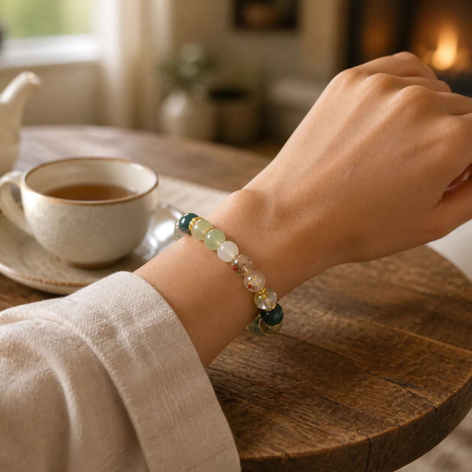 Natural Green Phantom White Crystal Jade Beads Lucky Bracelet featuring Green Phantom, Clear Quartz / White Crystal, Jade