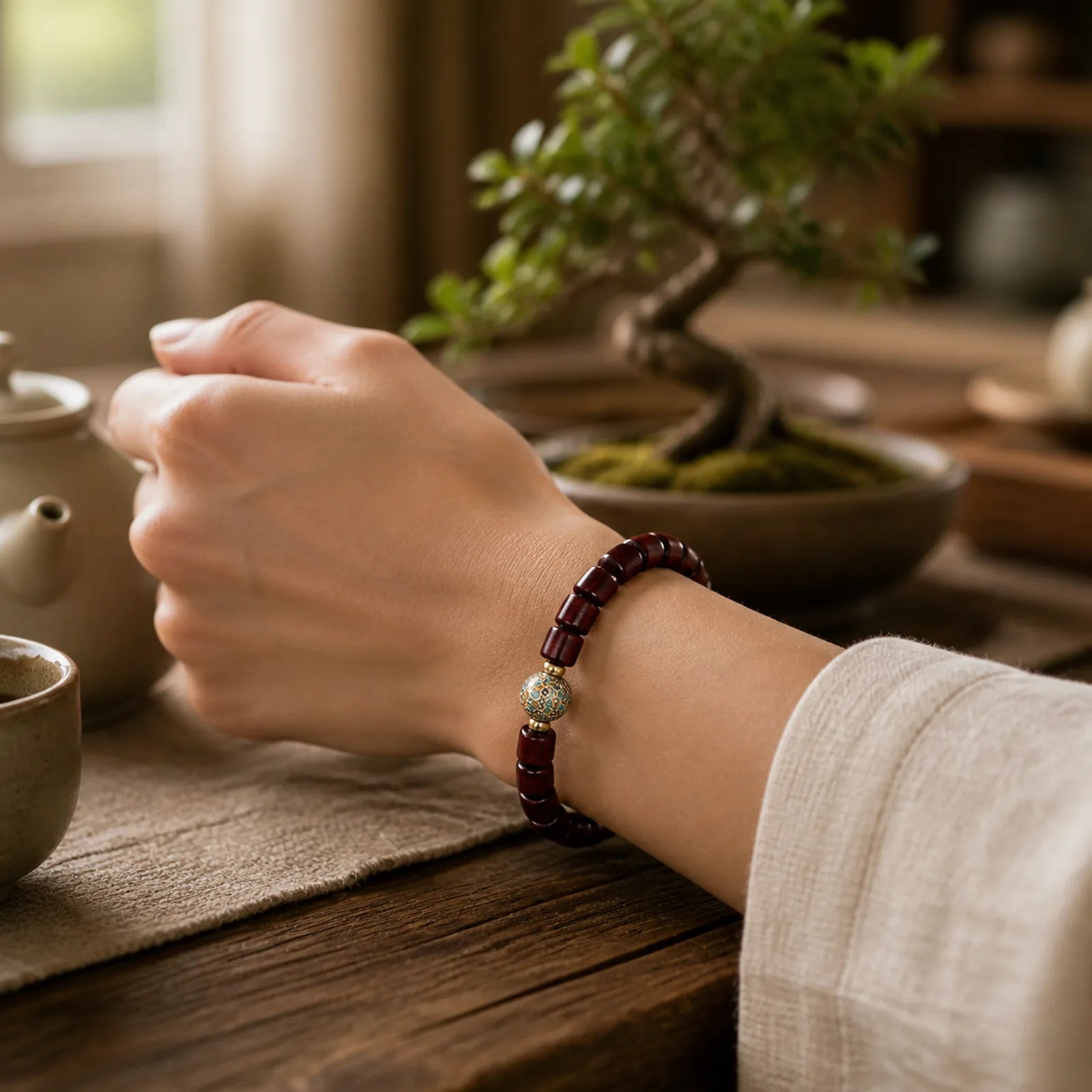 Natural Green Sandalwood Small Leaf Red Sandalwood Lacquer Bead Peace Bracelet featuring Green Sandalwood, Sandalwood, Small Leaf Red Sandalwood